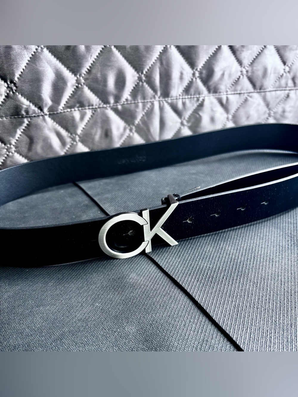 Calvin Klein Black Leather Belt with Silver CK Logo Buckle